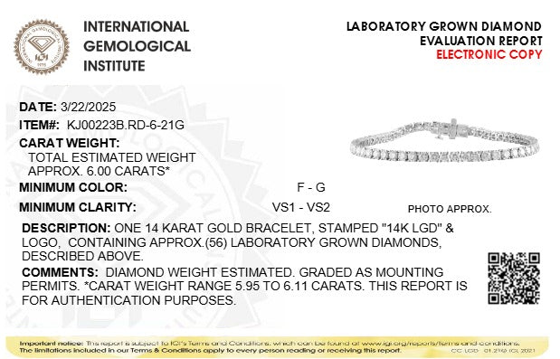 IGI Certified 14K White Gold 11.0 Cttw Lab Grown Diamond Tennis Bracelet