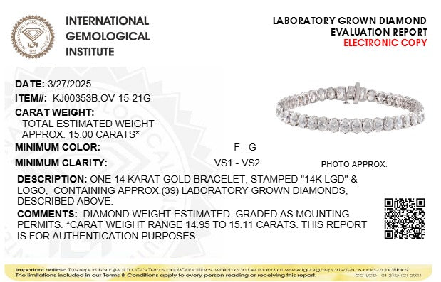 IGI Certified 14K Yellow Gold 18 1/2 Cttw Oval Cut Lab Grown Diamond Tennis Bracelet