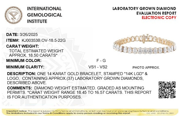 IGI Certified 14K Yellow Gold 18 1/2 Cttw Oval Cut Lab Grown Diamond Tennis Bracelet