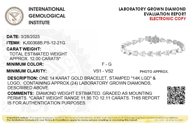IGI Certified 14K White Gold 8.0 Cttw Pear Cut Lab Grown Diamond Tennis Bracelet