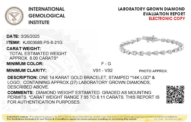 IGI Certified 14K White Gold 8.0 Cttw Pear Cut Lab Grown Diamond Tennis Bracelet