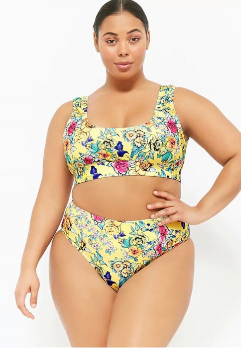 Plus Size High Leg High Waist Floral Crop Tank Bikini Swimsuit