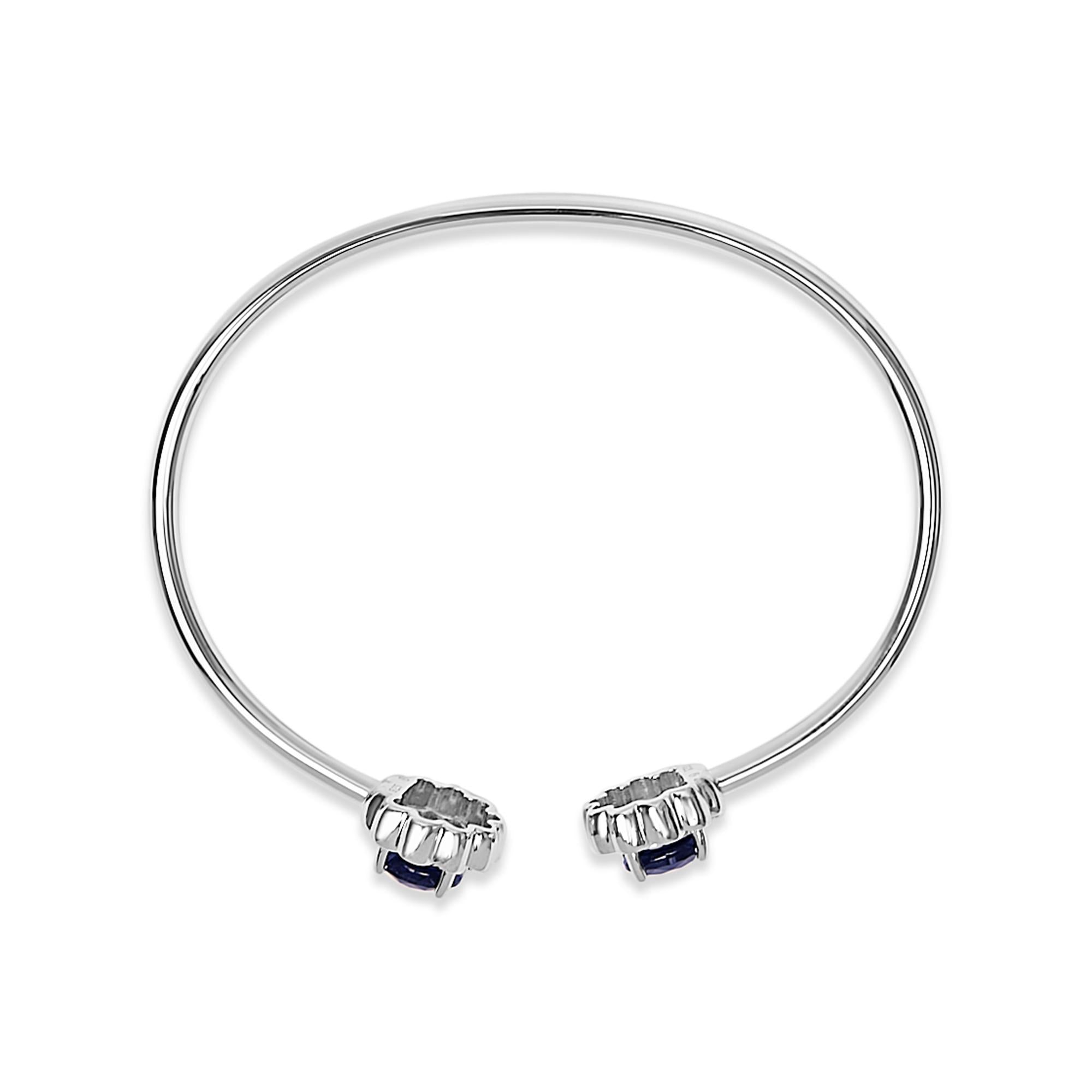 Sterling Silver Diamond Accent Created Blue Sapphire Floral Design Bangle Bracelet