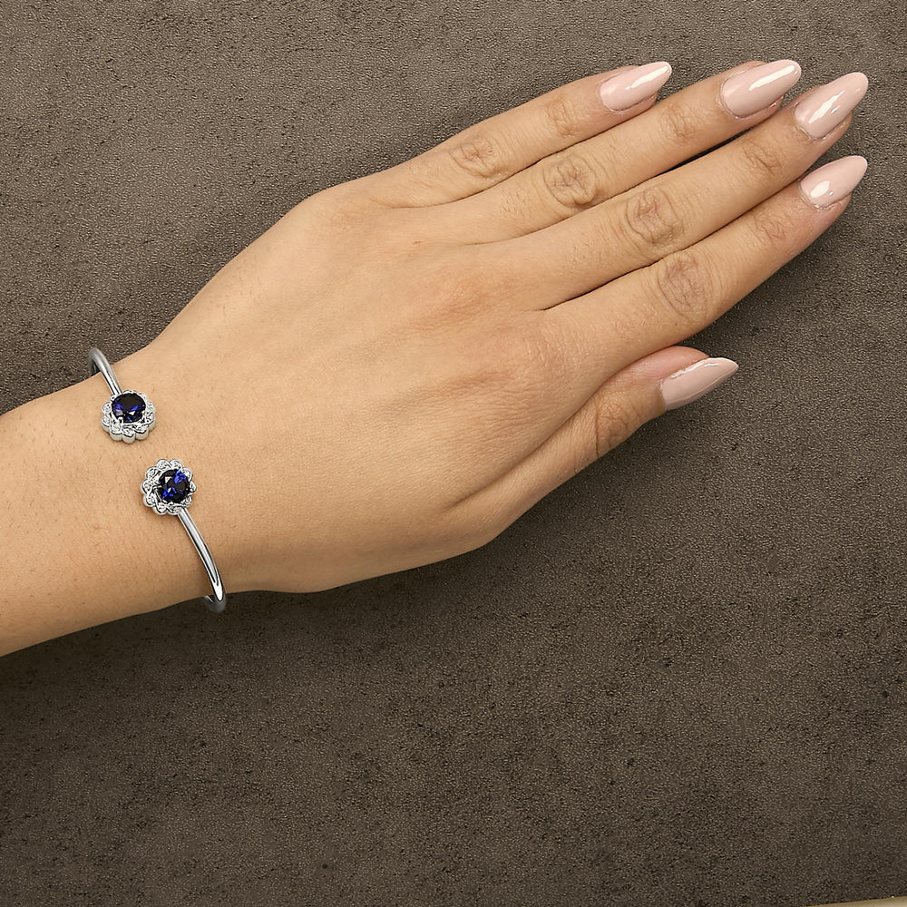 Sterling Silver Diamond Accent Created Blue Sapphire Floral Design Bangle Bracelet