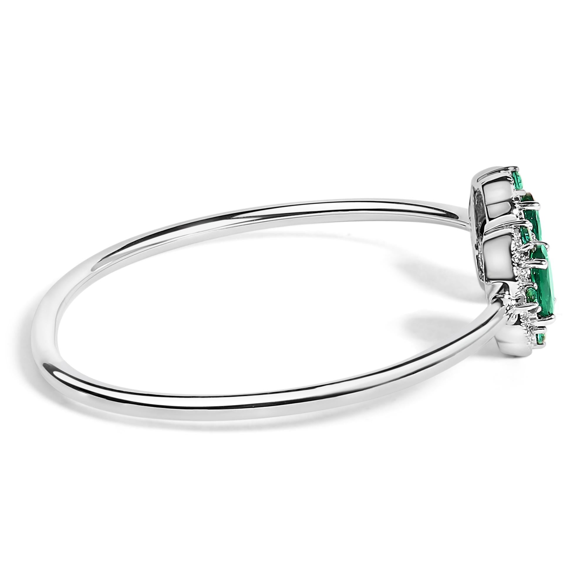 Sterling Silver White Topaz and Green Emerald Floral Bangle Bracelet