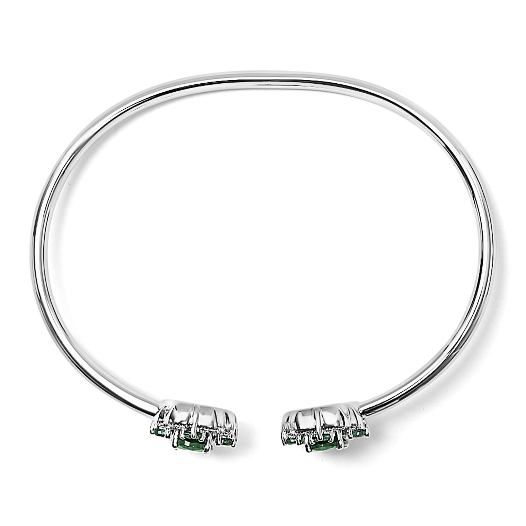 Sterling Silver White Topaz and Green Emerald Floral Bangle Bracelet