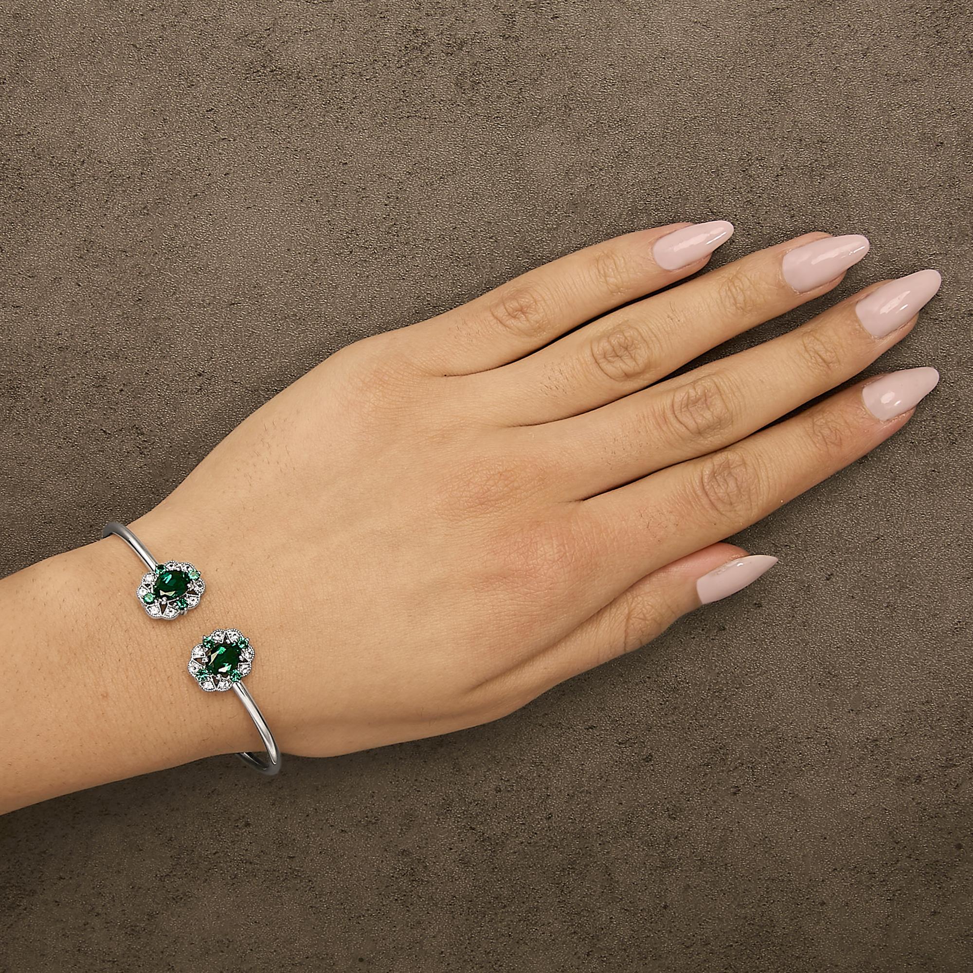 Sterling Silver White Topaz and Green Emerald Floral Bangle Bracelet