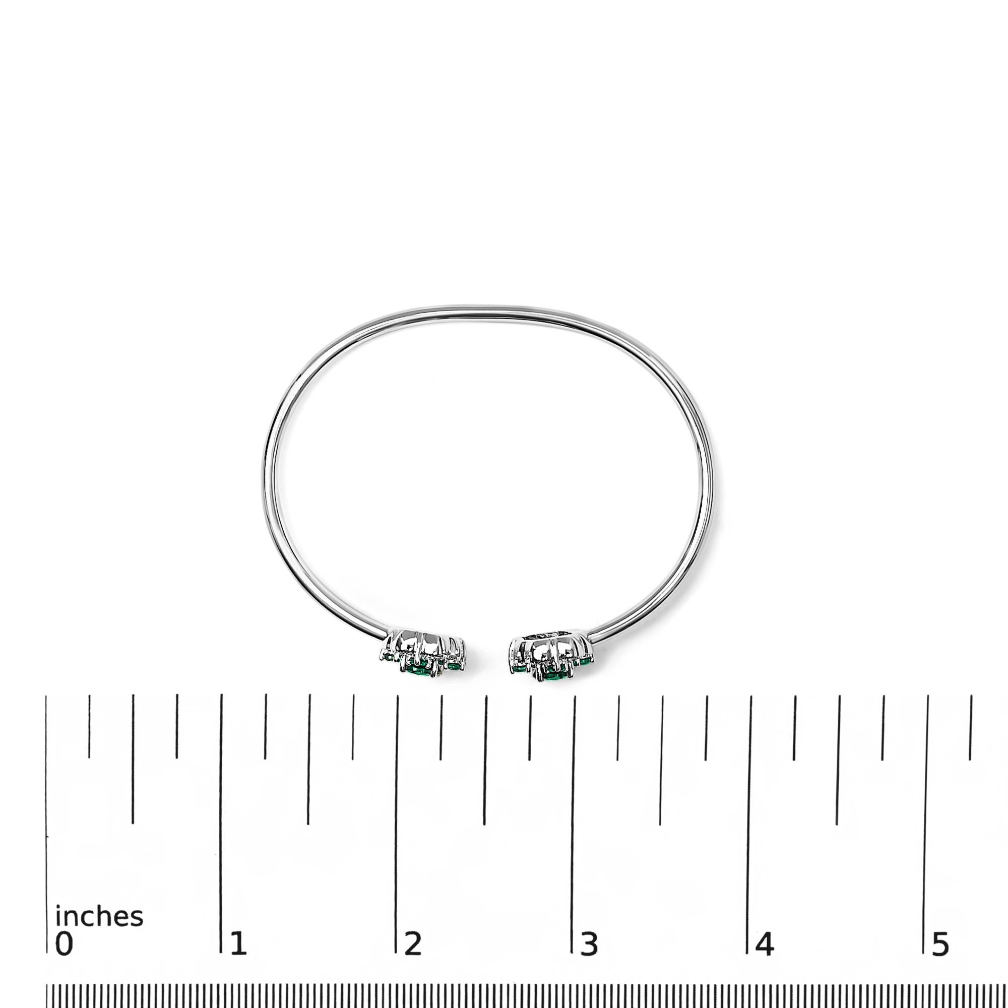 Sterling Silver White Topaz and Green Emerald Floral Bangle Bracelet