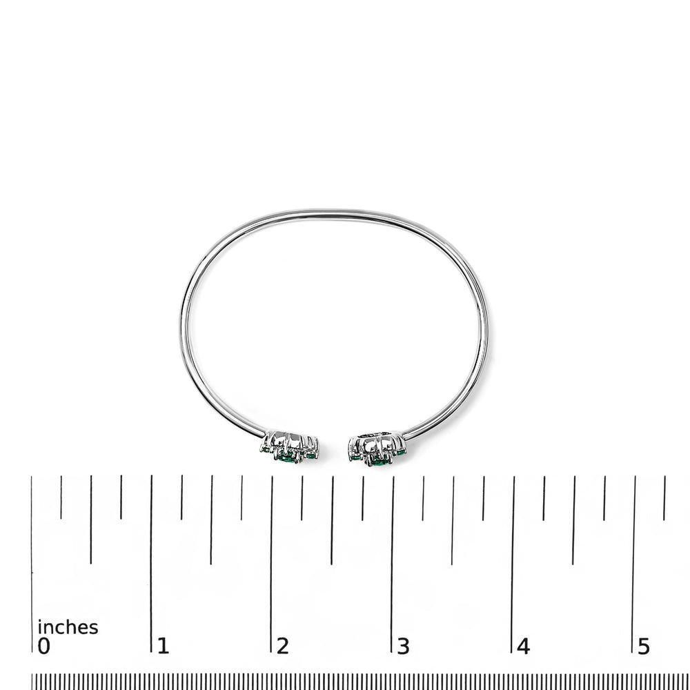 Sterling Silver White Topaz and Green Emerald Floral Bangle Bracelet