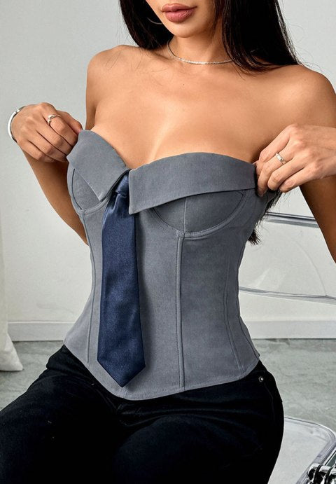 Stunning Grey Corset Top with Navy Tie