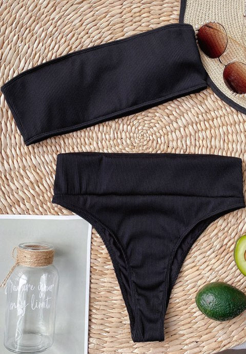 Rib Bandeau High Waisted Bikini Swimsuit