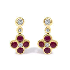 14K Yellow Gold 1/10 Cttw Diamond and  Ruby Floral Dangle Earrings