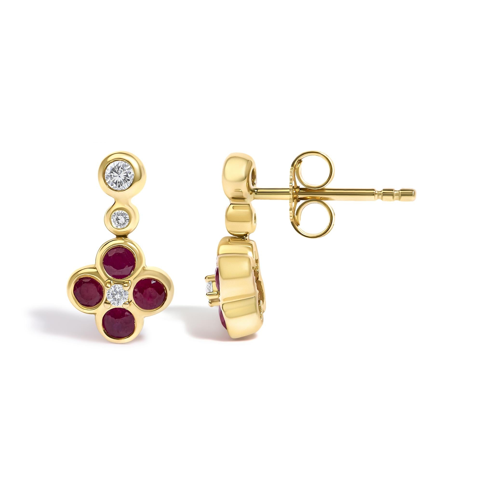 14K Yellow Gold 1/10 Cttw Diamond and  Ruby Floral Dangle Earrings