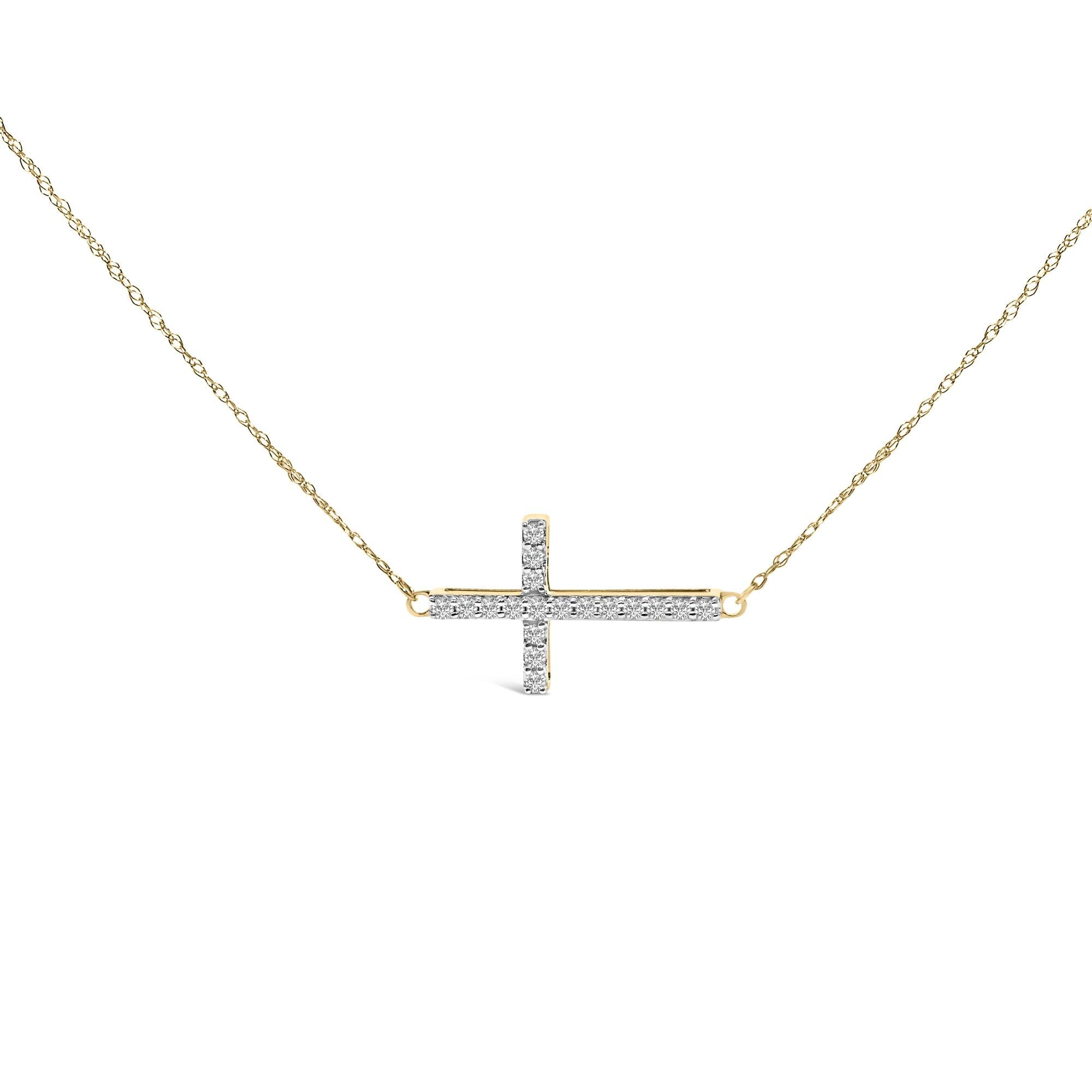 10K Yellow Gold 1/5 Cttw Diamond Sideways Cross Pendant Necklace