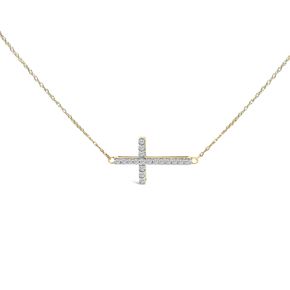 10K Yellow Gold 1/5 Cttw Diamond Sideways Cross Pendant Necklace
