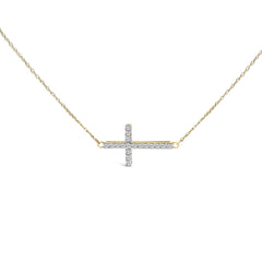 10K Yellow Gold 1/5 Cttw Diamond Sideways Cross Pendant Necklace