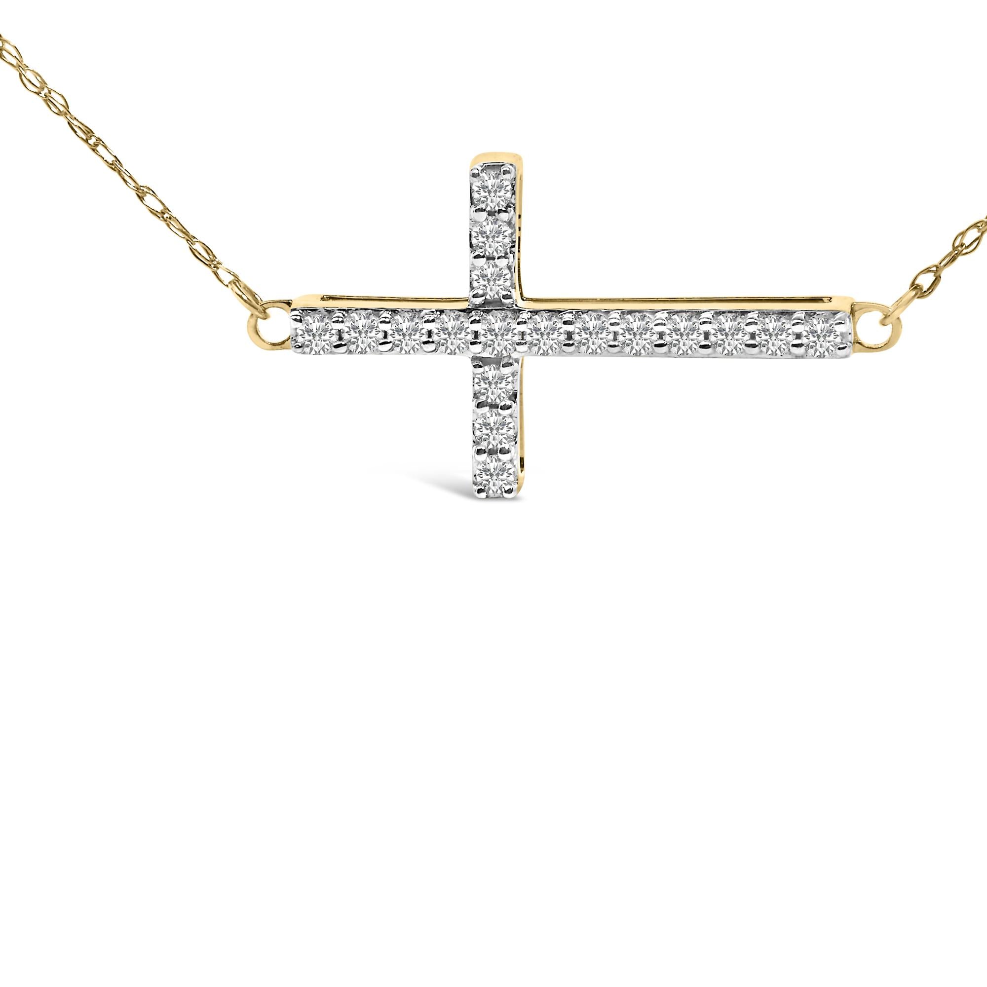 10K Yellow Gold 1/5 Cttw Diamond Sideways Cross Pendant Necklace