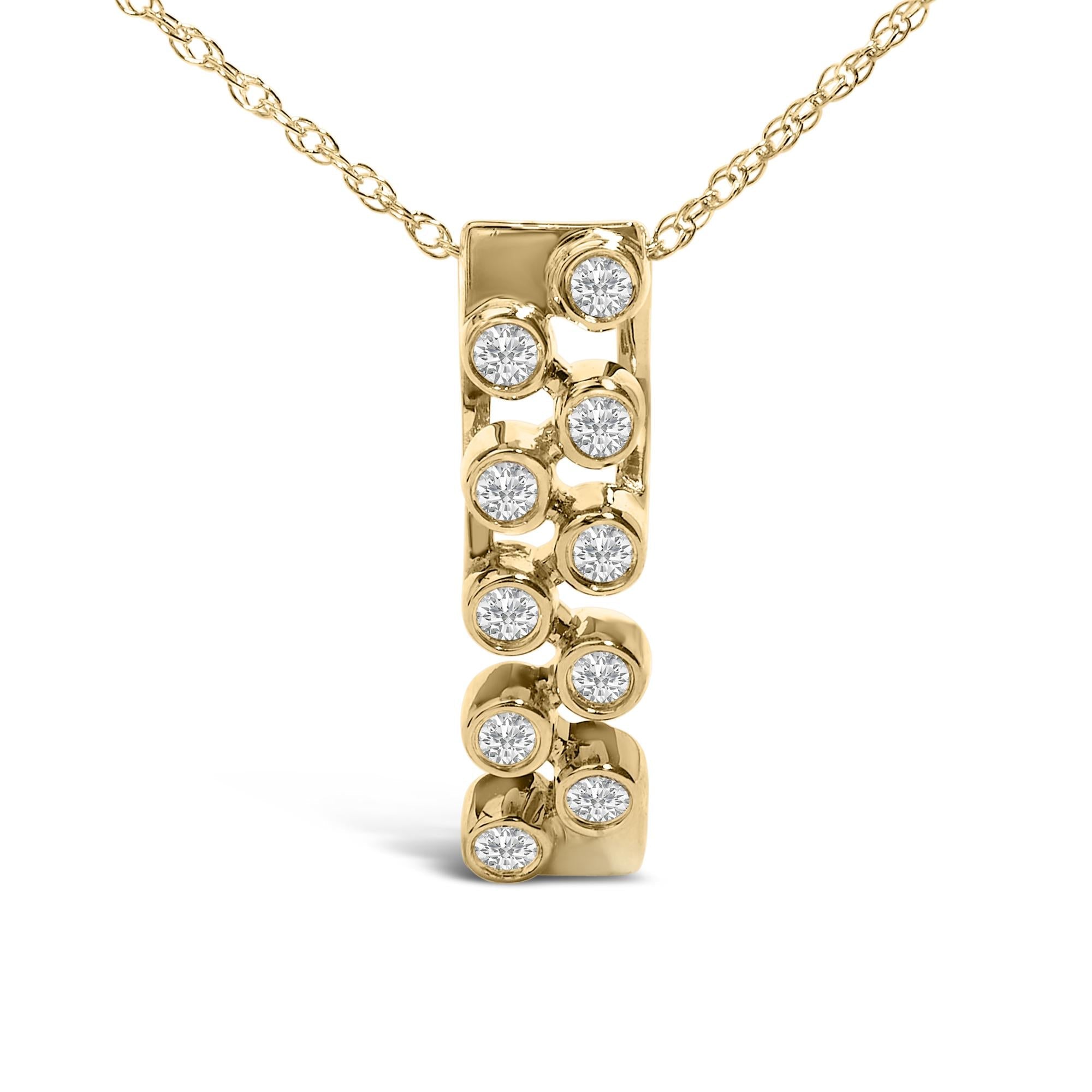 14K Yellow Gold Bezel Set 1/7 Cttw Diamond Vertical Bar Pendant Necklace
