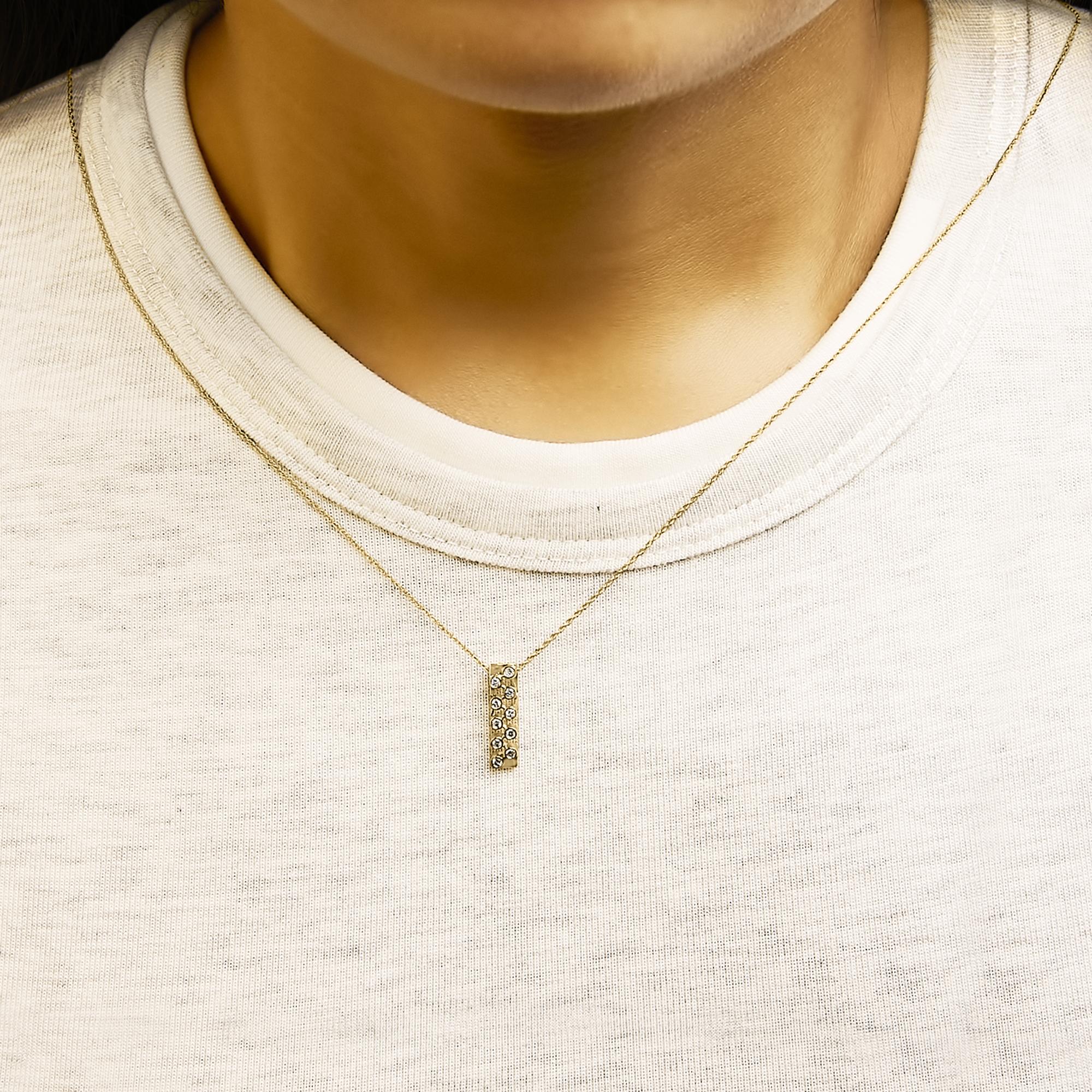 14K Yellow Gold Bezel Set 1/7 Cttw Diamond Vertical Bar Pendant Necklace