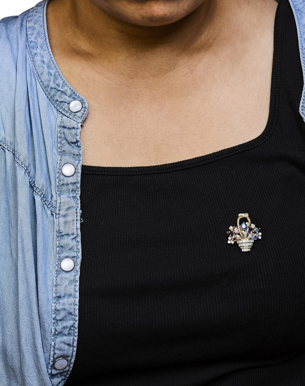 18K Yellow Gold 1 1/10 Cttw Diamond and Mixed Gemstone Floral Bouquet Pendant and Brooch Pin (G-H Color, VS1-VS2 Clarity)