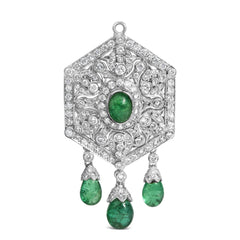 18K 2 3/4 Cttw Diamond and Emerald Dangle Art Deco Shield Brooch Pin Pendant (G-H Color, VS1-VS2 Clarity) CHAIN NOT INCLUDED