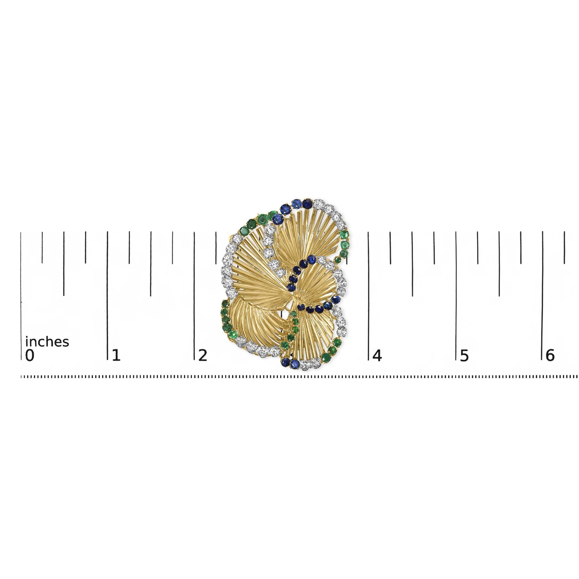 18K Yellow Gold 2 1/3 Cttw Diamond, Sapphire, and Emerald Sculpted Petal Brooch Pin (G-H Color, VS1-VS2 Clarity)