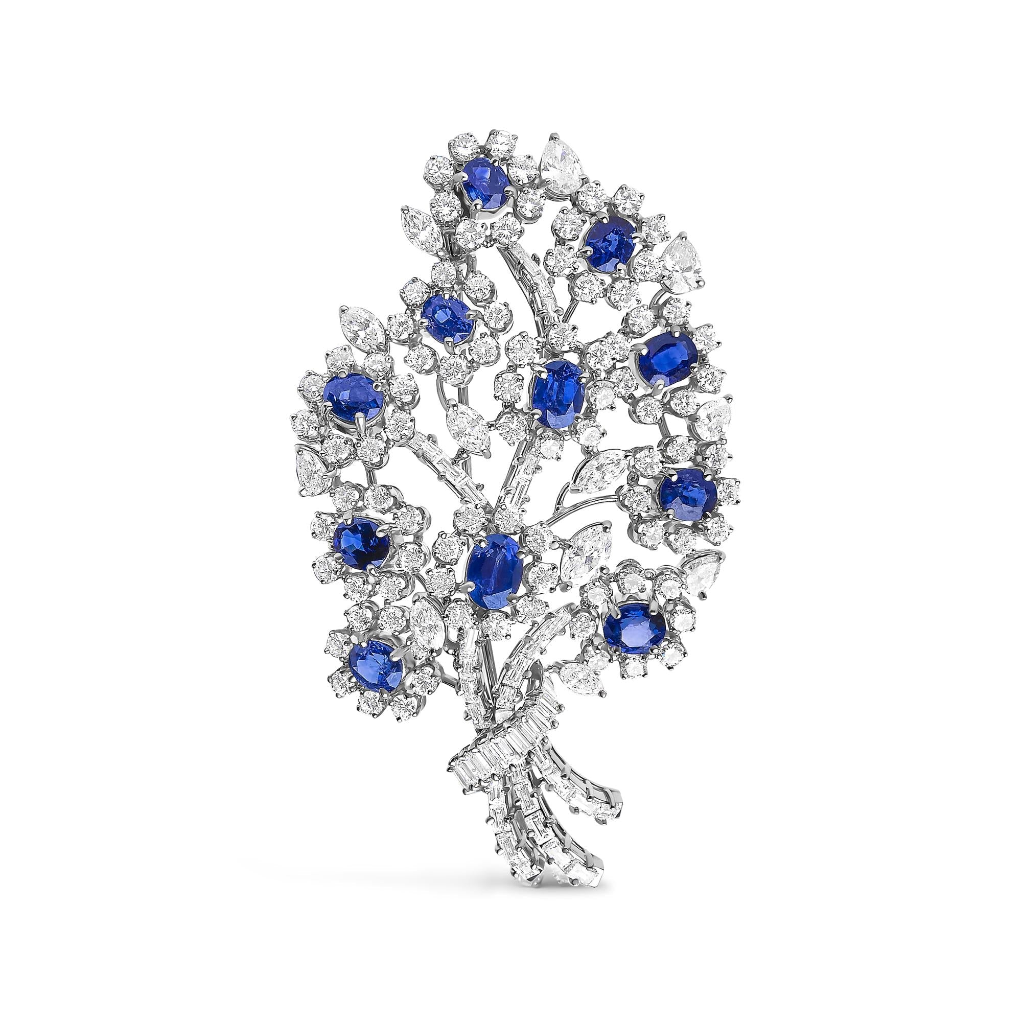 Platinum Blue Sapphire and 12.00 Cttw Diamond Floral Bouquet Brooch Pin