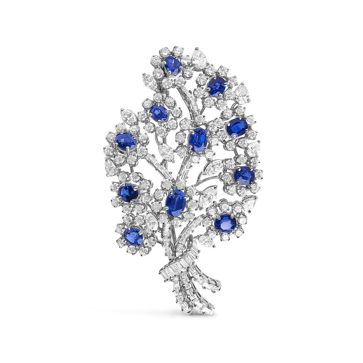 Platinum Blue Sapphire and 12.00 Cttw Diamond Floral Bouquet Brooch Pin