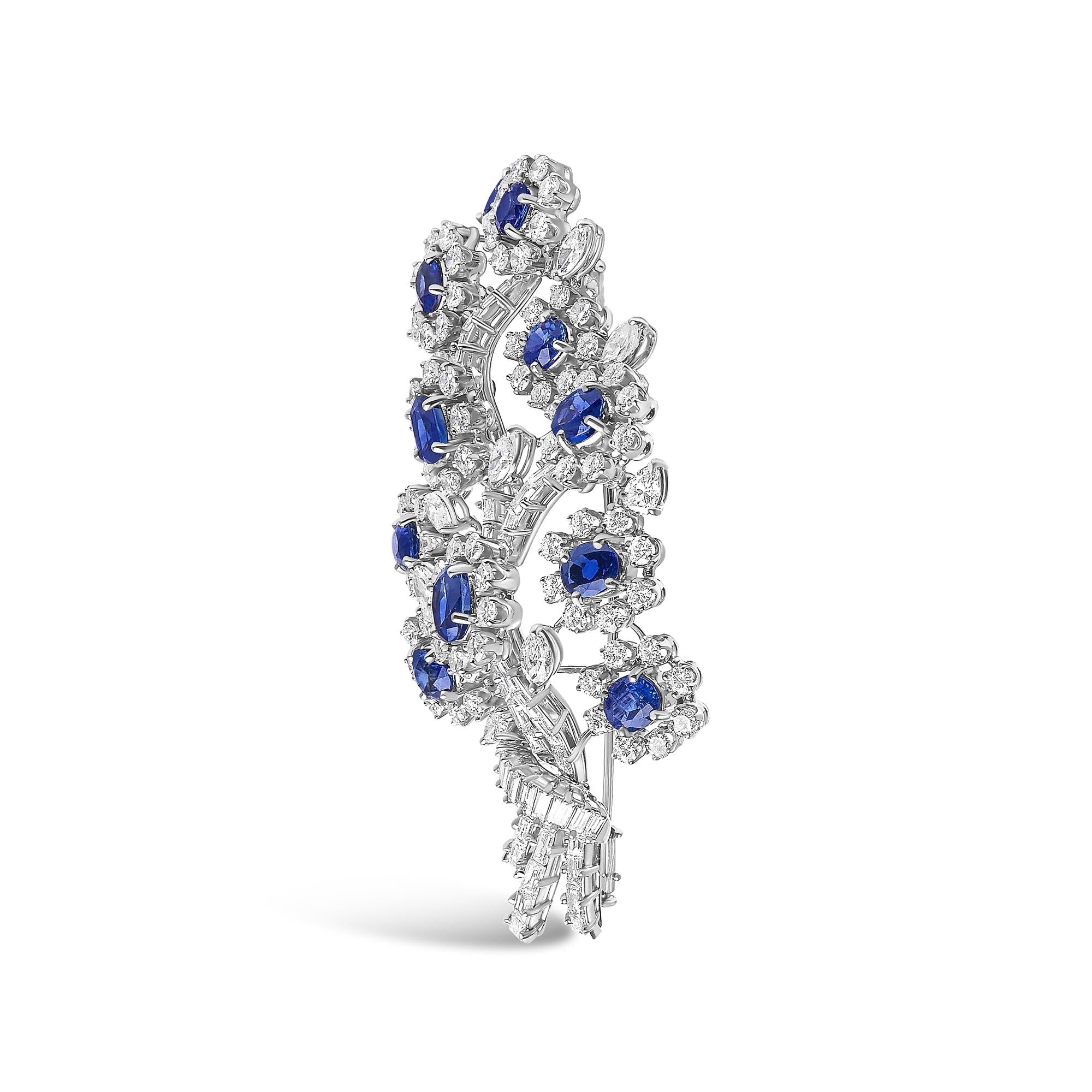 Platinum Blue Sapphire and 12.00 Cttw Diamond Floral Bouquet Brooch Pin