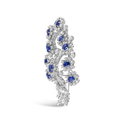 Platinum Blue Sapphire and 12.00 Cttw Diamond Floral Bouquet Brooch Pin