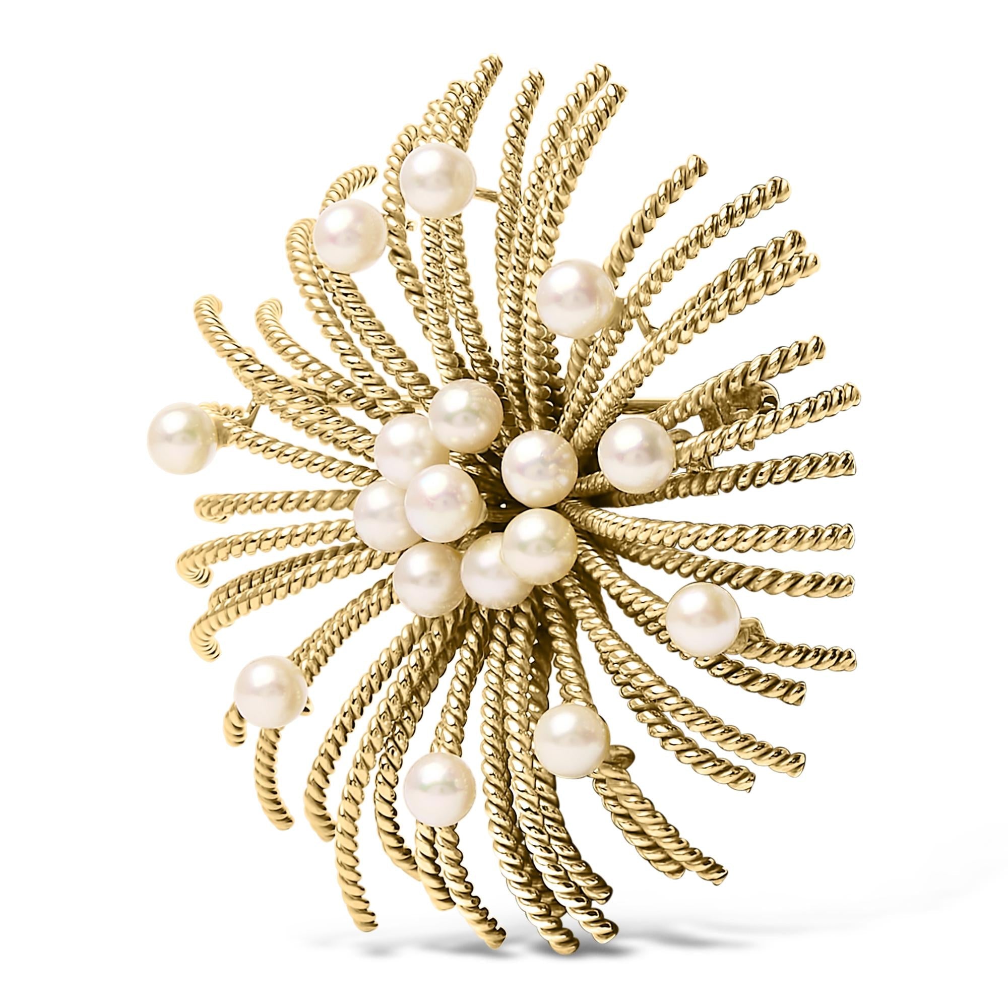 18K Yellow Gold Cultured Freshwater Pearl Starburst Brooch Pin