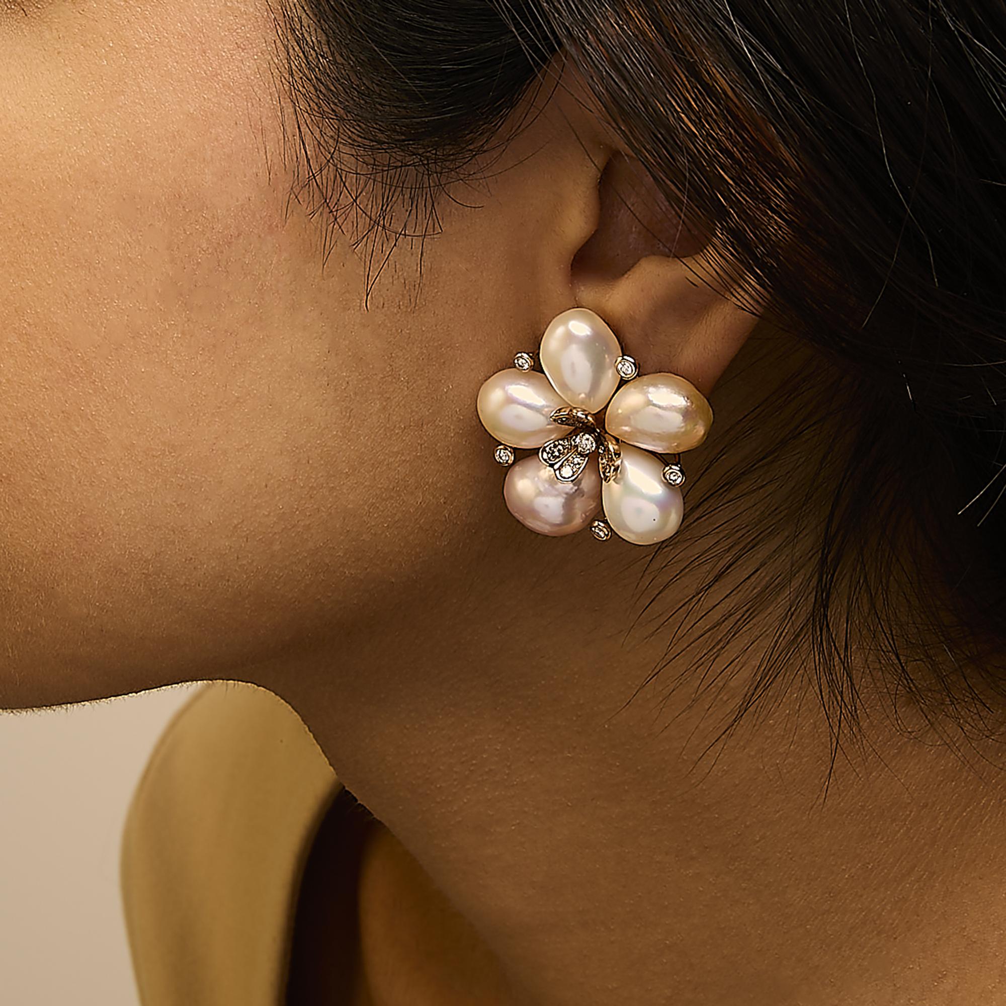 18K Rose Gold 3/8 Cttw Diamond and Freshwater Pearl Blossom Stud Earrings