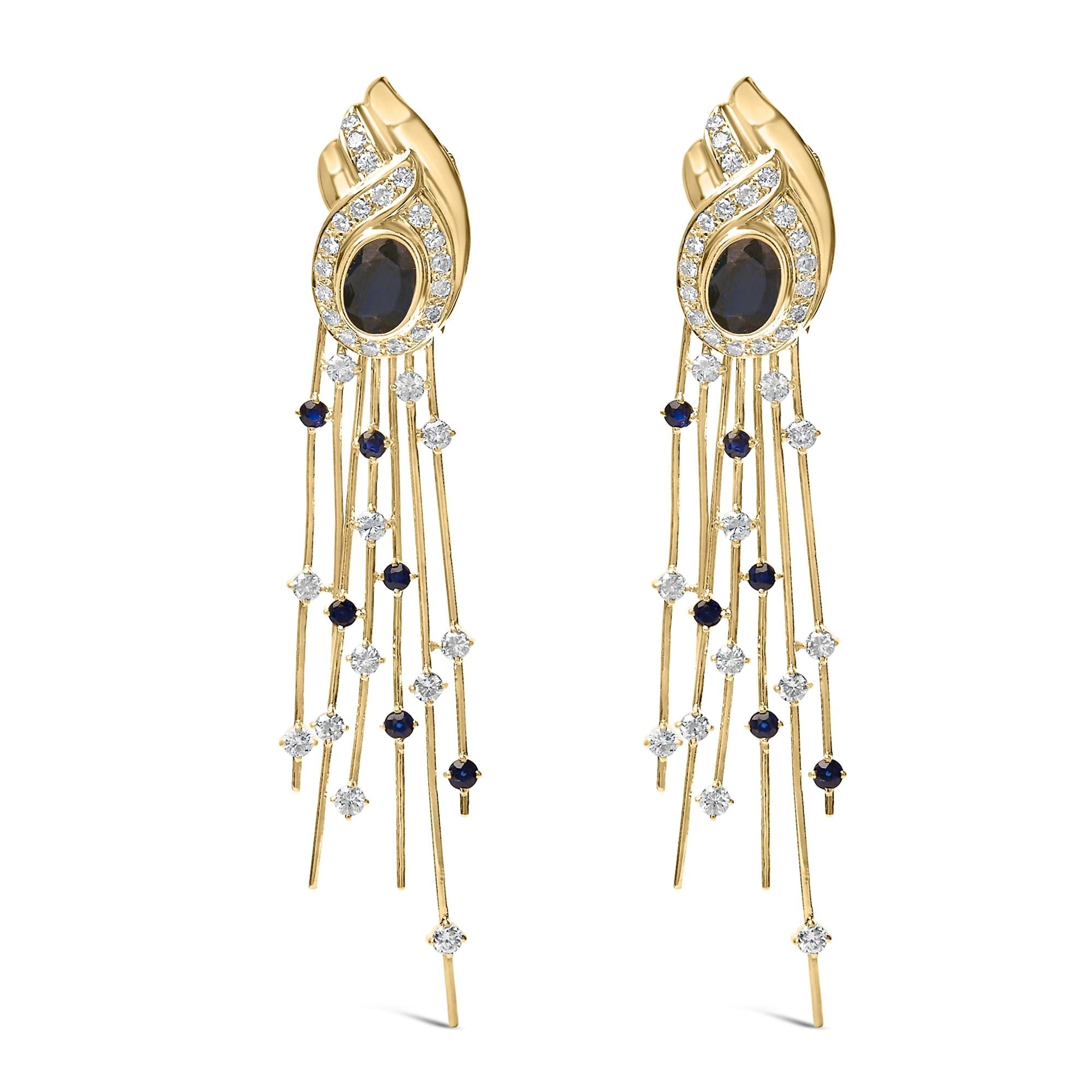 14K Yellow Gold 1.0 Cttw Diamond and Blue Sapphire Chandelier Earrings
