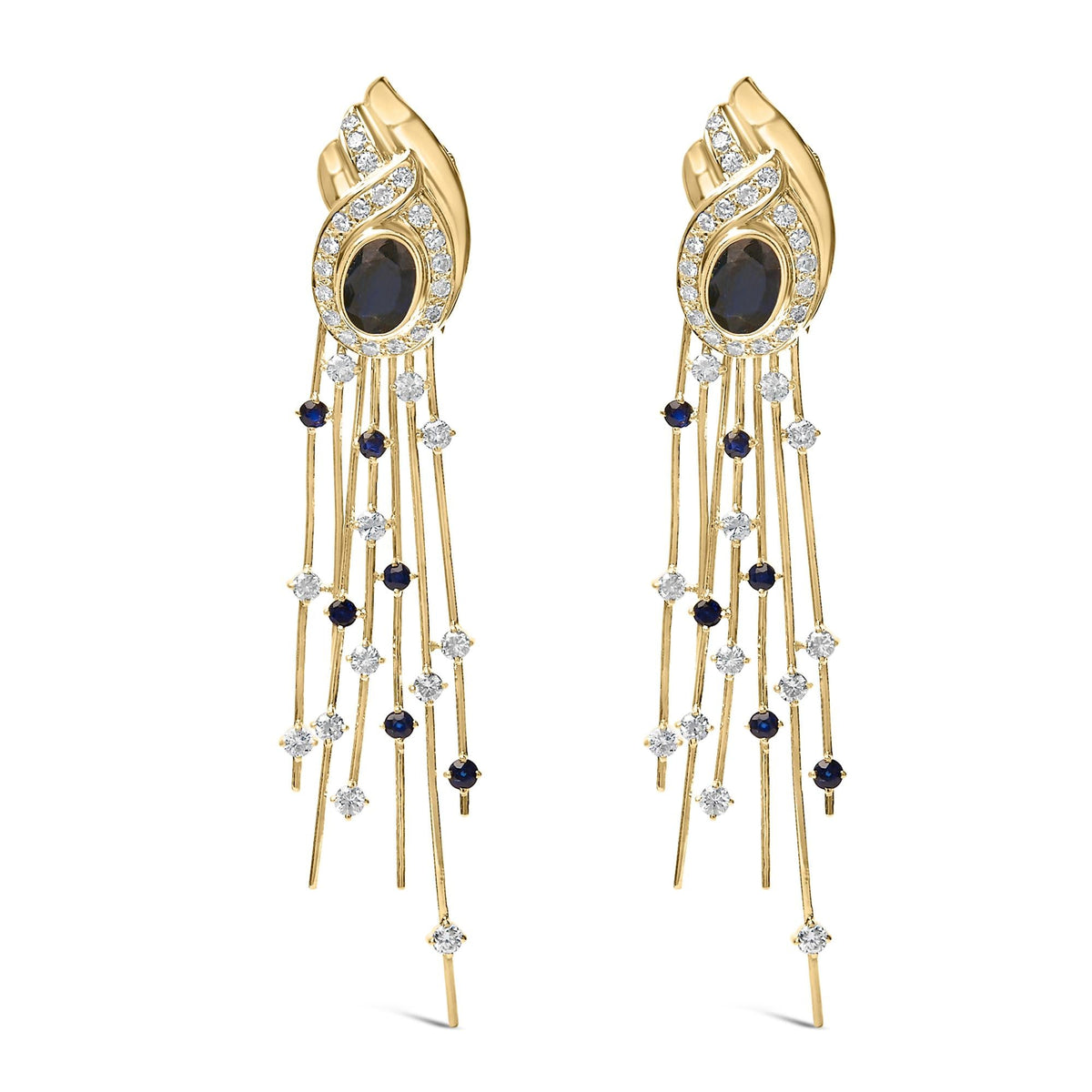 14K Yellow Gold 1.0 Cttw Diamond and Blue Sapphire Chandelier Earrings