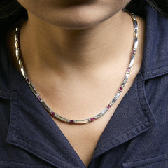 14K Yellow Gold Red Ruby and 3/8 Cttw Diamond Alternating Link Necklace
