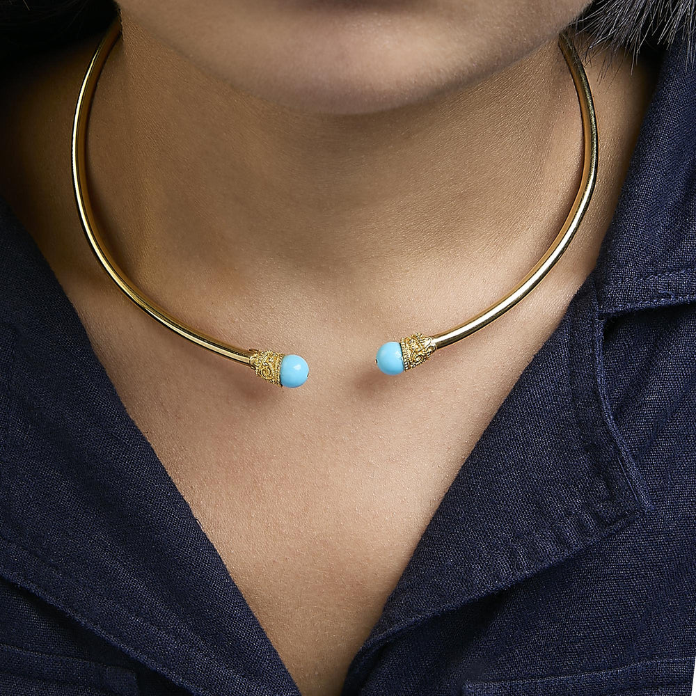 18K Yellow Gold Sculpted Collar Necklace with Turquoise Cabochon Ends