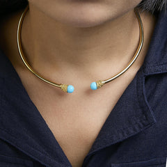18K Yellow Gold Sculpted Collar Necklace with Turquoise Cabochon Ends