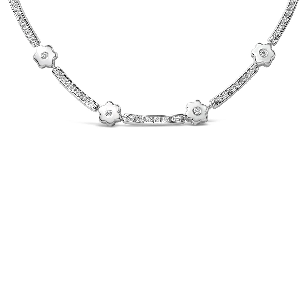 14K White Gold 1.0 Cttw Diamond Flower and Bar Station Necklace