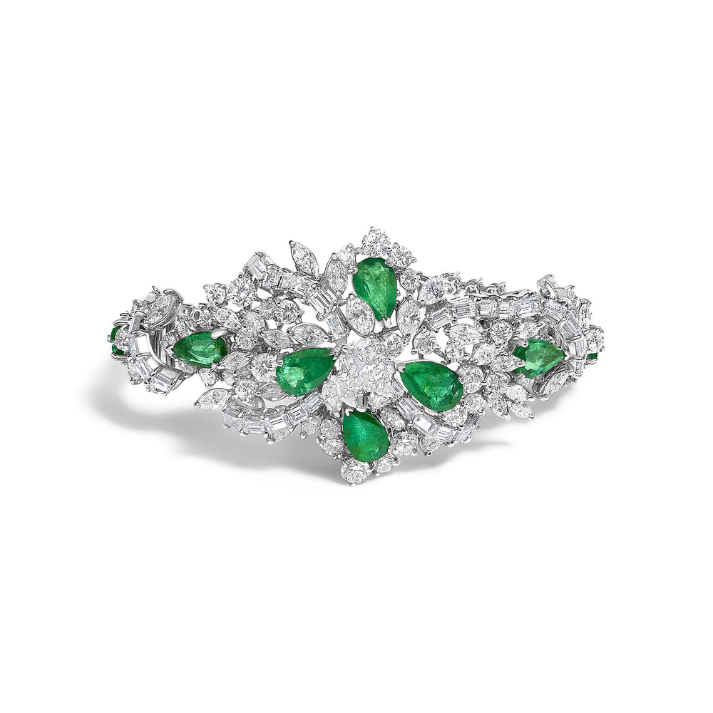 Certified Platinum 38.0 Cttw Diamond and 19 3/4 Cttw Brazilian Green Emerald Necklace, Bracelet & Earrings Three-Piece Set