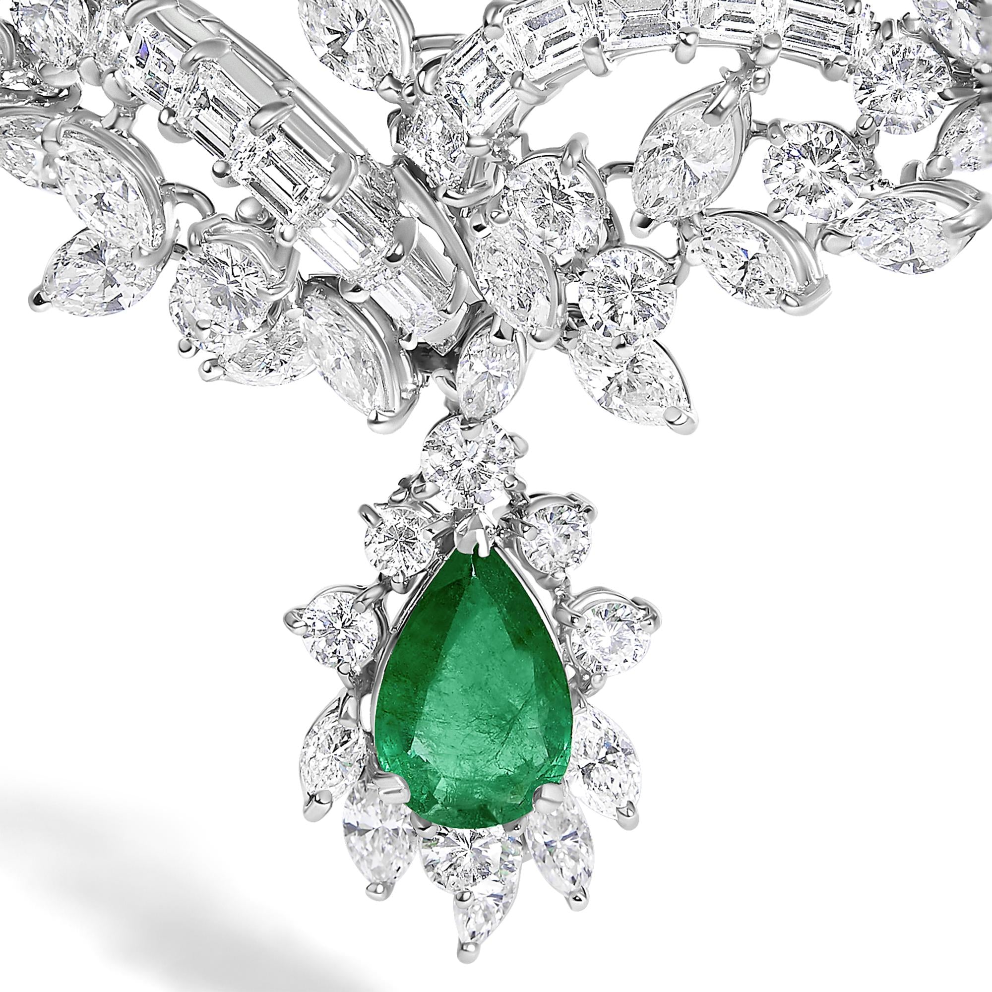 Certified Platinum 38.0 Cttw Diamond and 19 3/4 Cttw Brazilian Green Emerald Necklace, Bracelet & Earrings Three-Piece Set