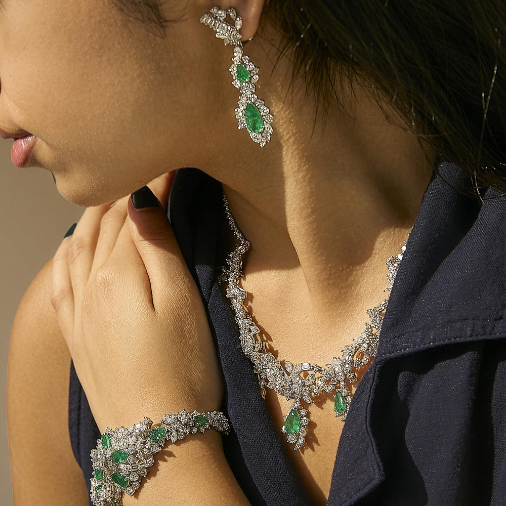 Certified Platinum 38.0 Cttw Diamond and 19 3/4 Cttw Brazilian Green Emerald Necklace, Bracelet & Earrings Three-Piece Set