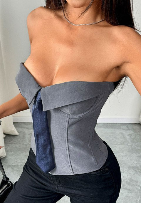 Stunning Grey Corset Top with Navy Tie