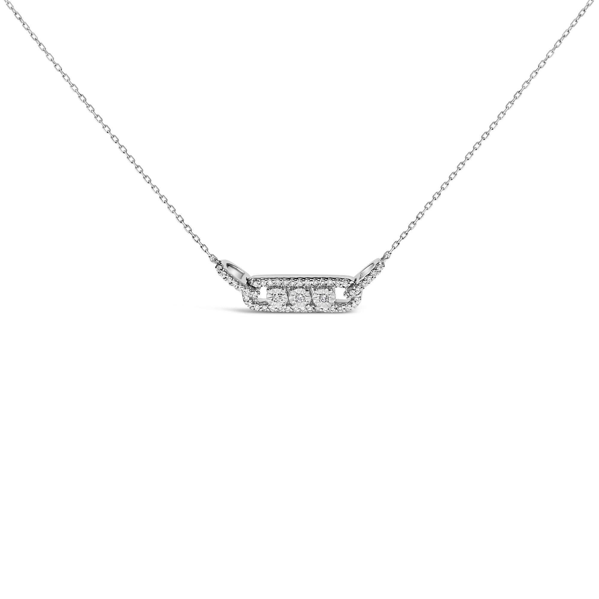 Sterling Silver 1/5 Cttw Round Diamond 3 Stone Station Bar Necklace