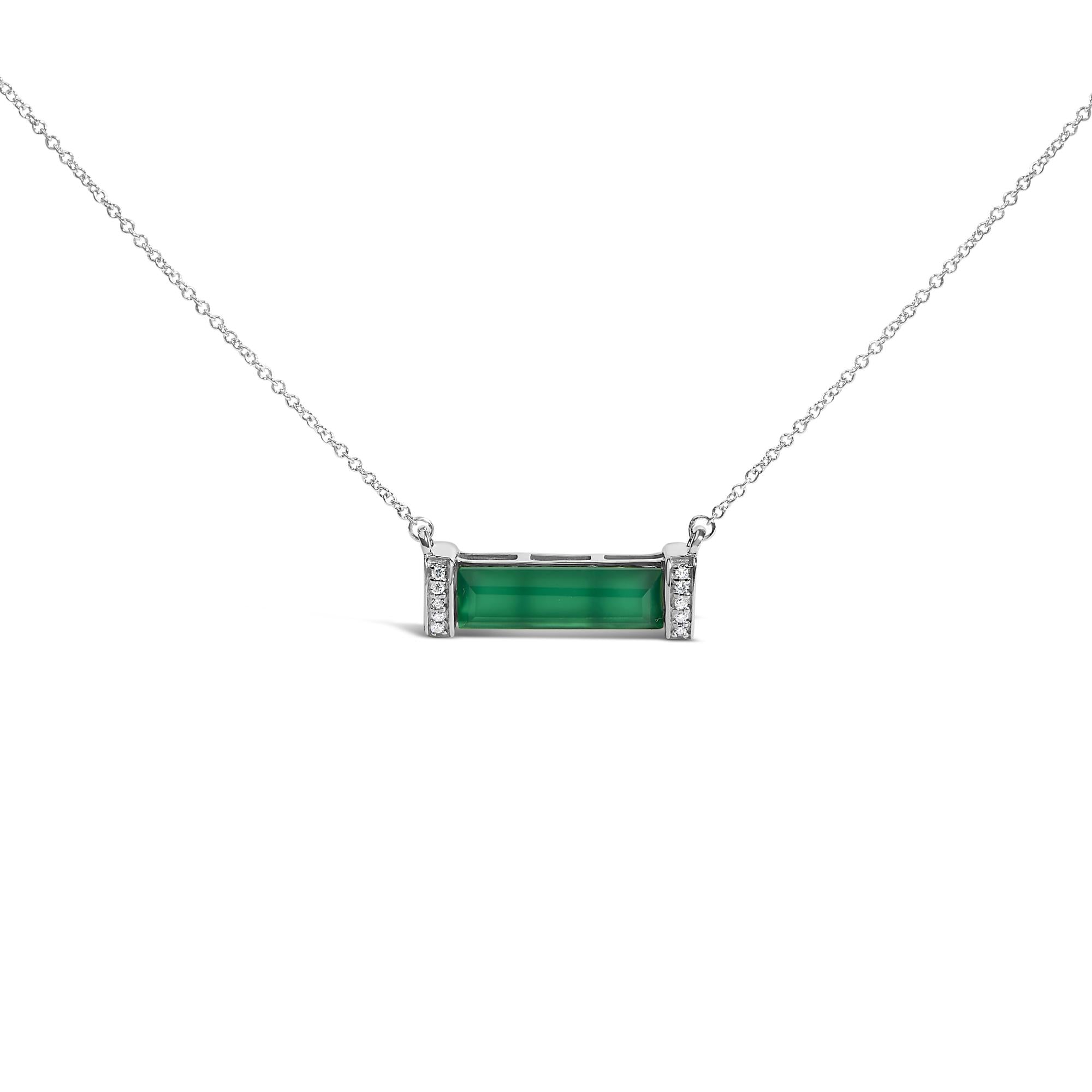 Sterling Silver Diamond Accent and Green Agate Bar Pendant Necklace
