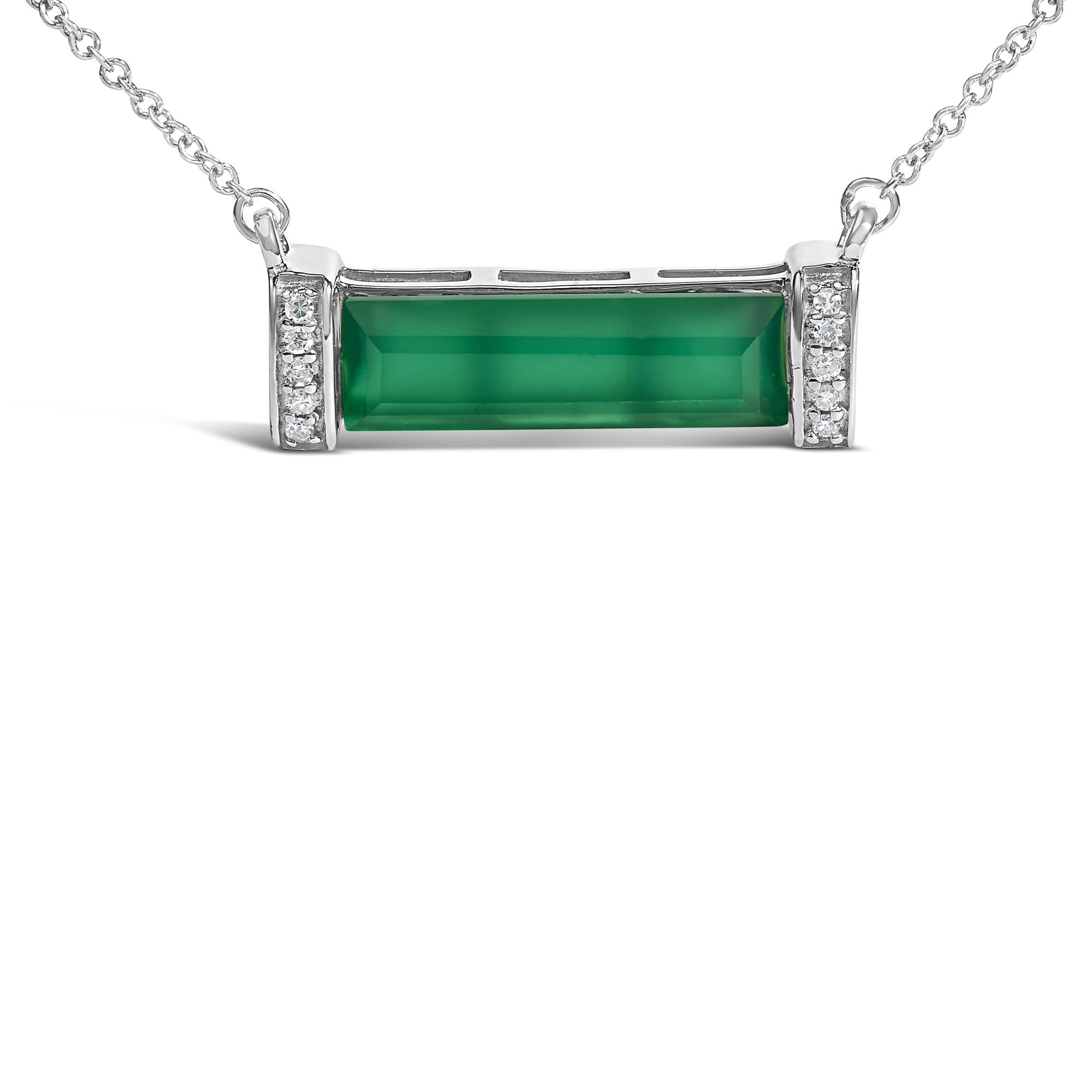 Sterling Silver Diamond Accent and Green Agate Bar Pendant Necklace