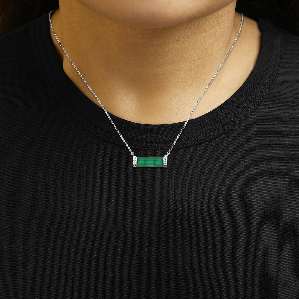 Sterling Silver Diamond Accent and Green Agate Bar Pendant Necklace