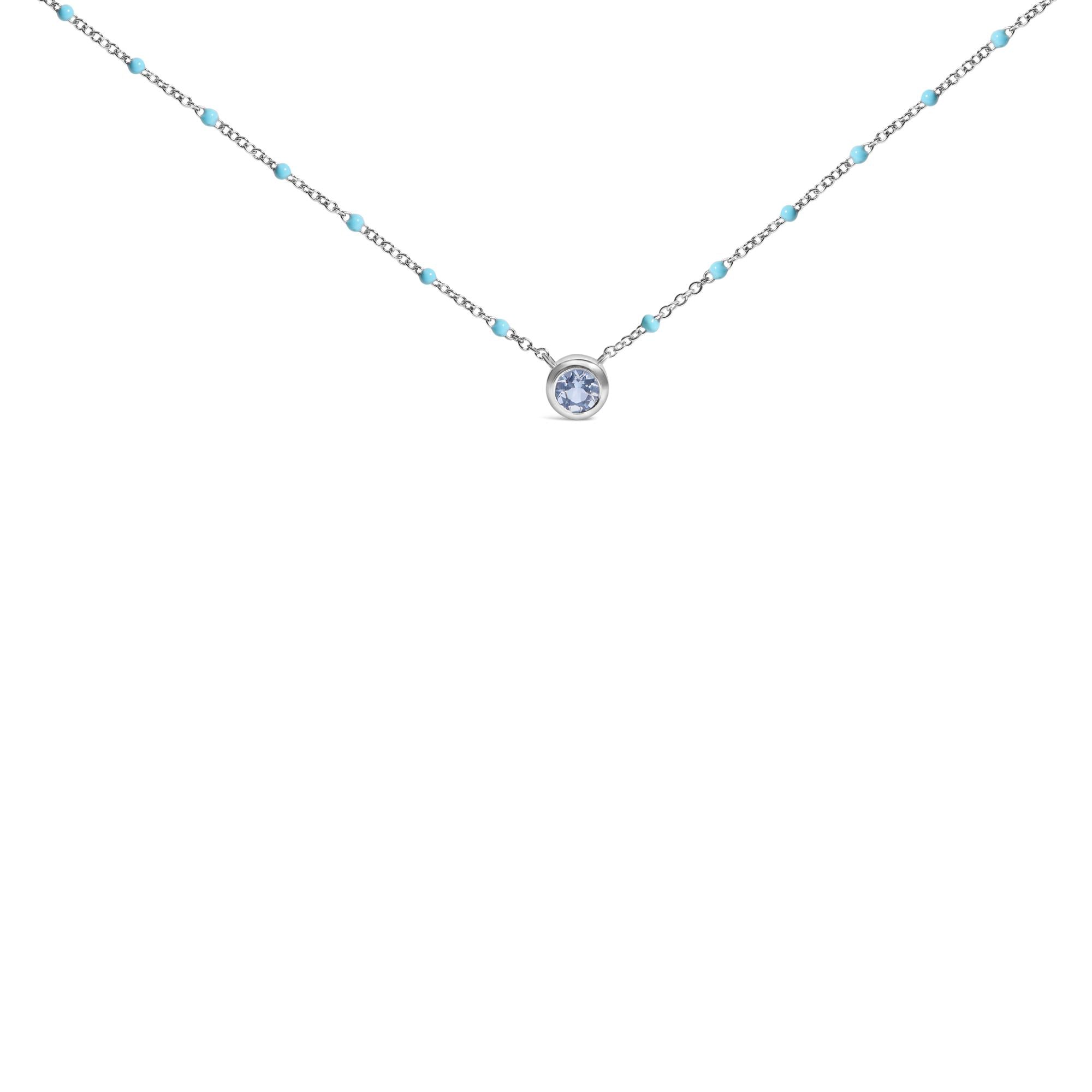 Sterling Silver Bezel Set Light Blue Aquamarine and Enamel Bead Chain Necklace