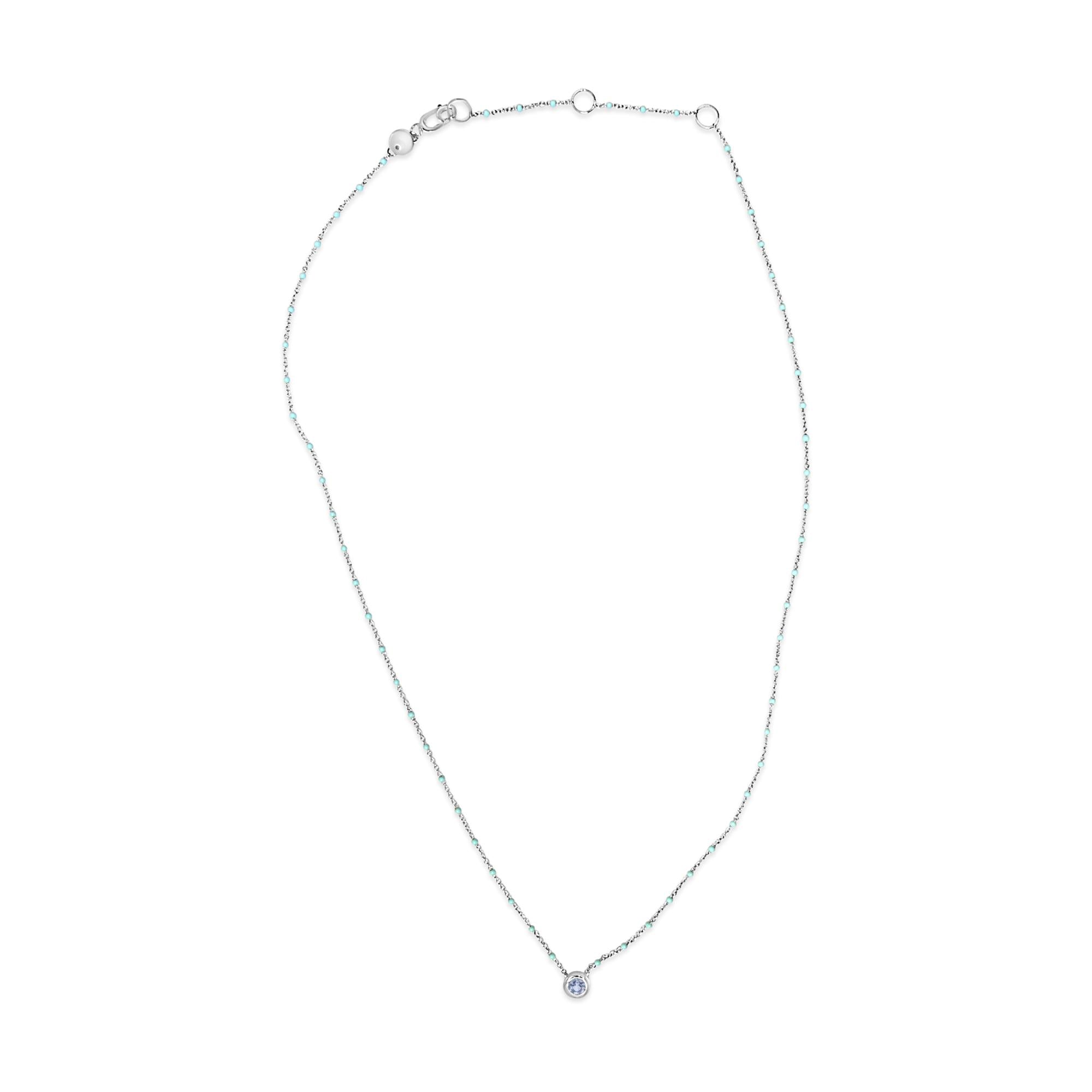 Sterling Silver Bezel Set Light Blue Aquamarine and Enamel Bead Chain Necklace