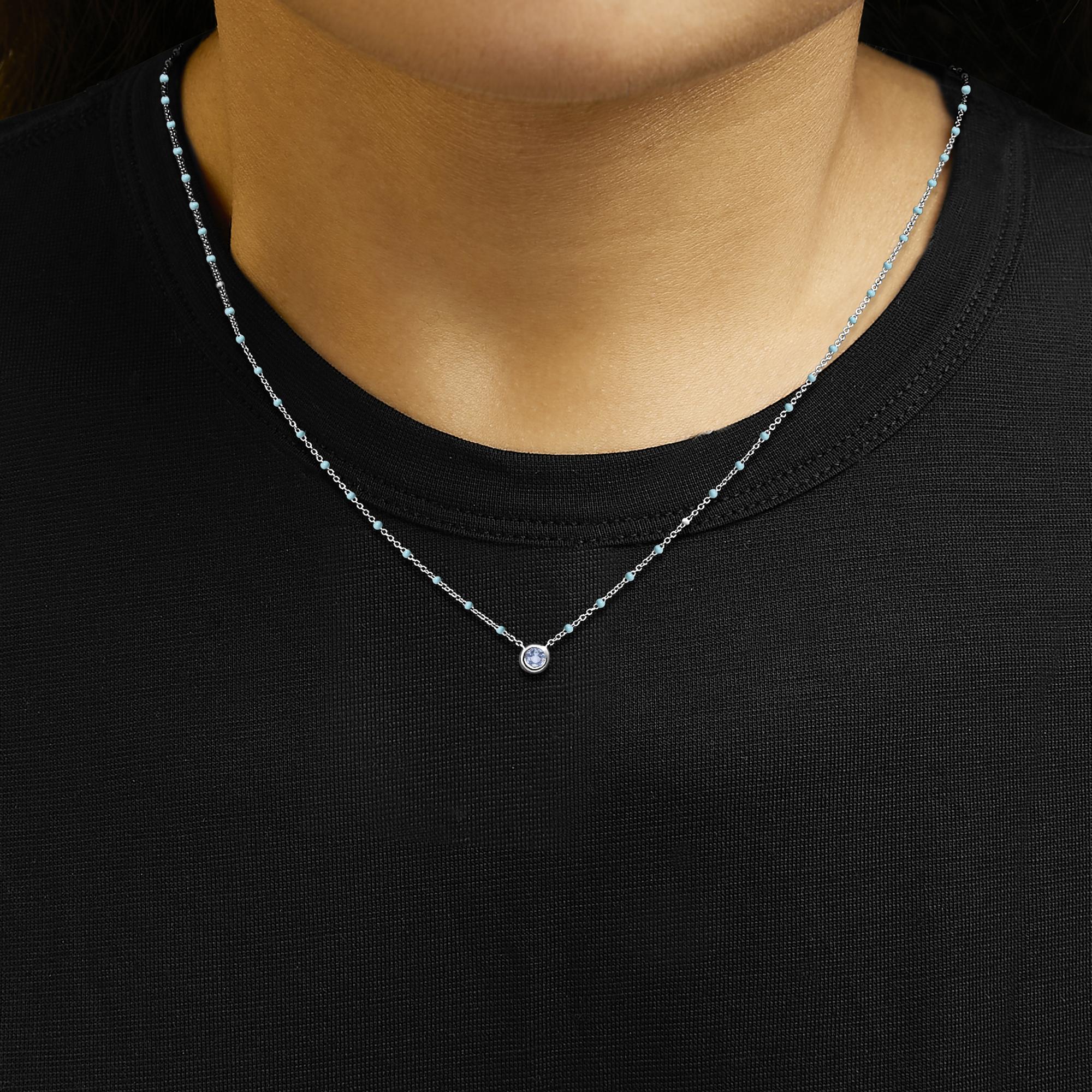 Sterling Silver Bezel Set Light Blue Aquamarine and Enamel Bead Chain Necklace