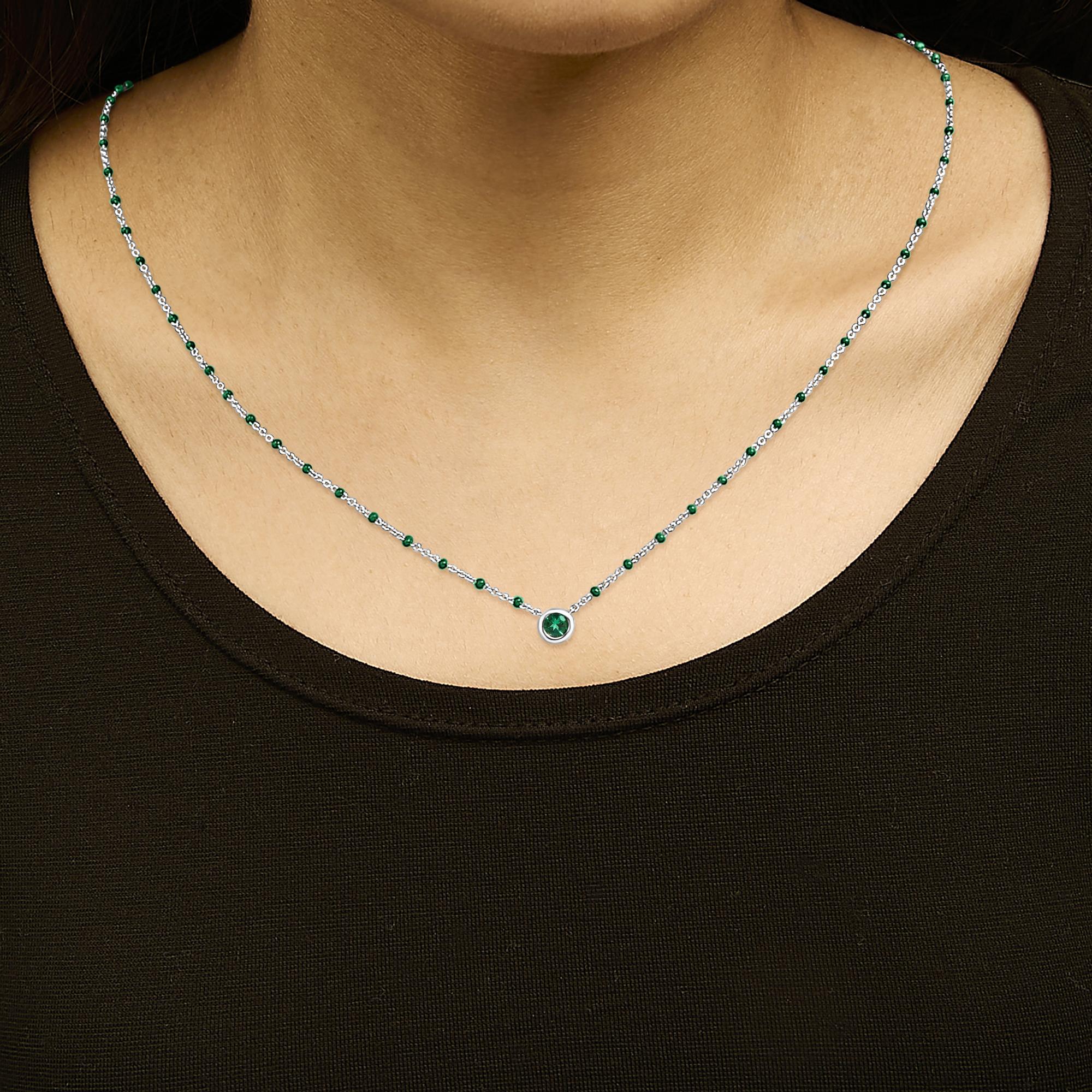 Sterling Silver Lab Created Emerald Bead Chain Necklace